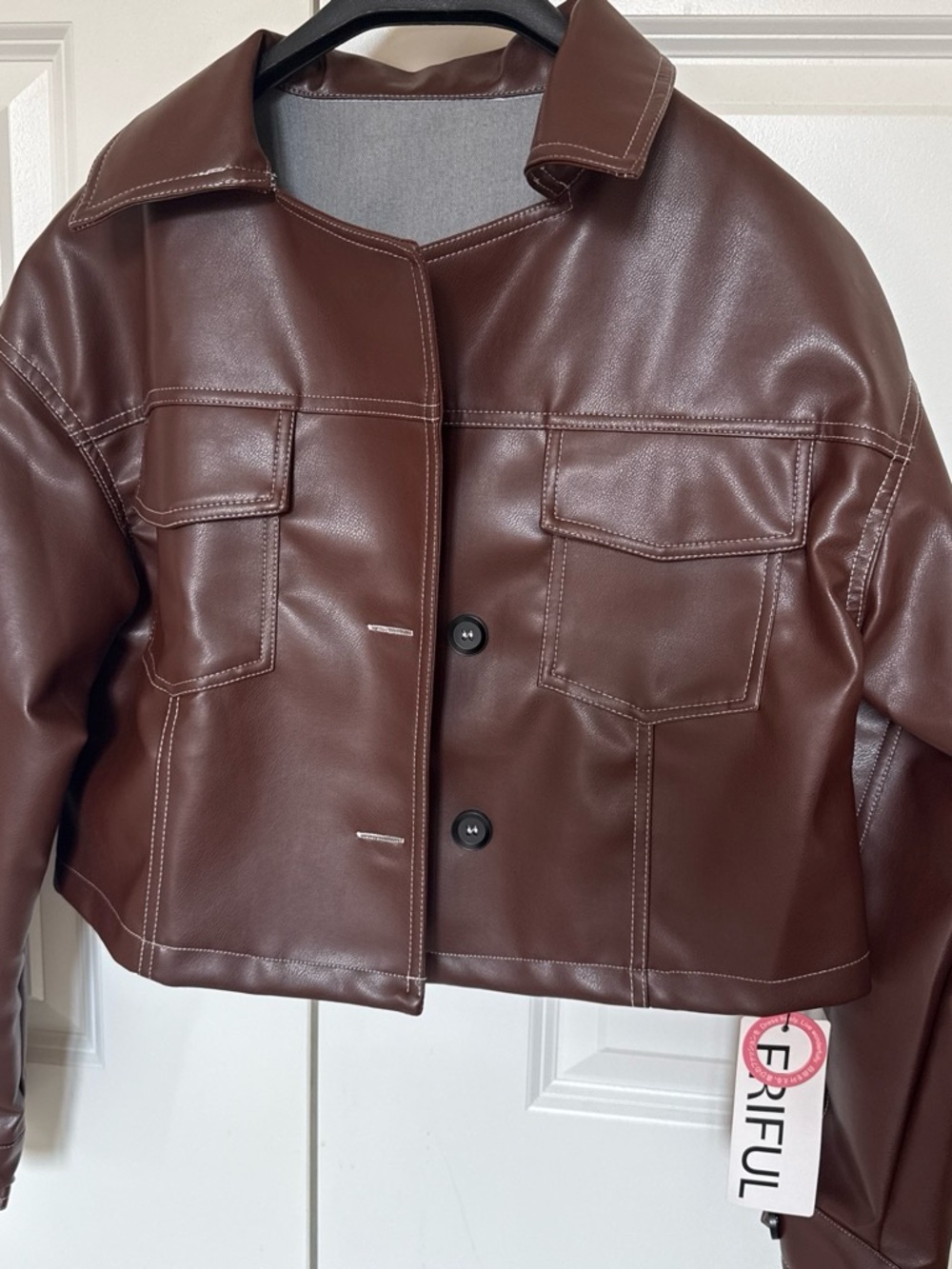 Faux Leather Cropped Jacket in Dark Brown